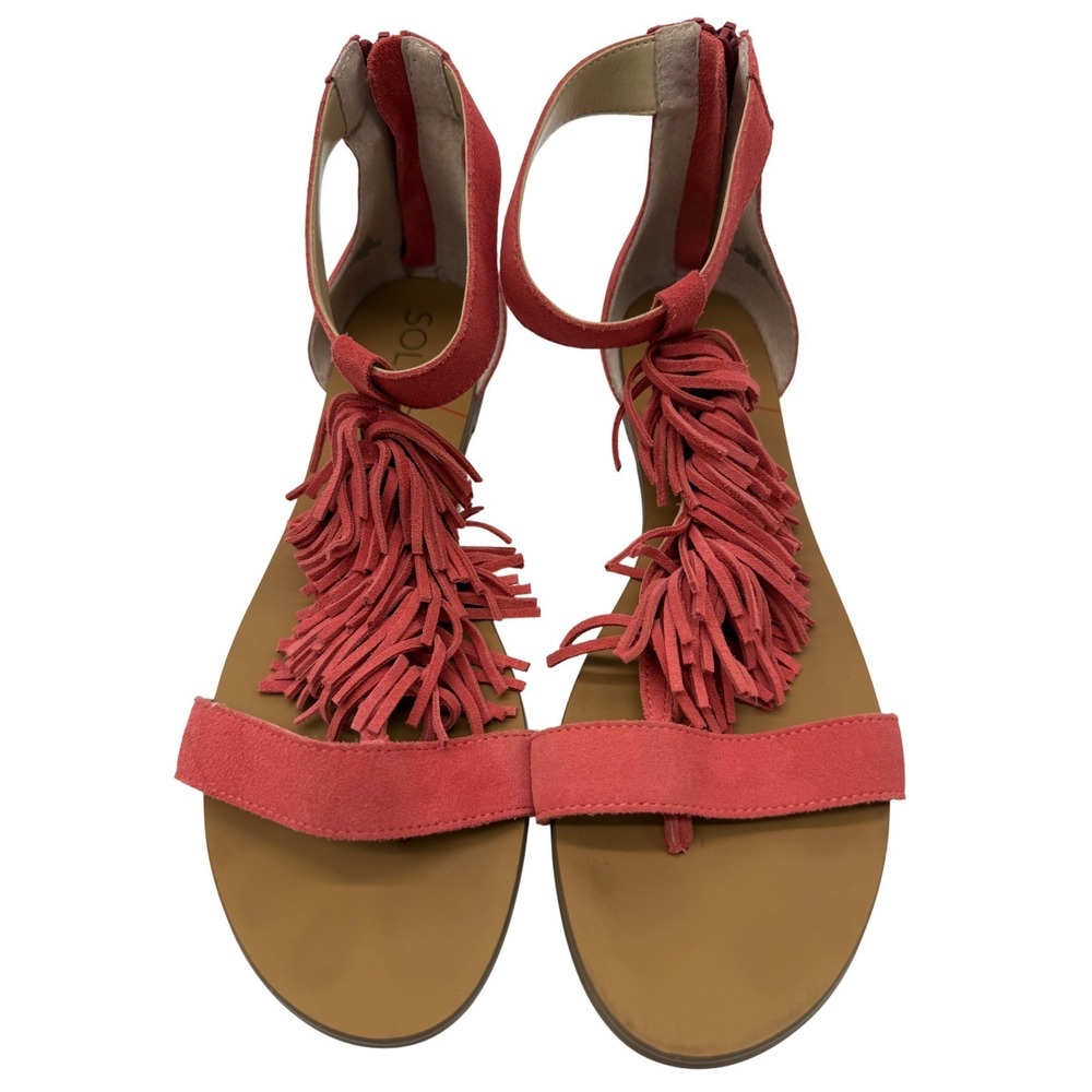 Sole Society SO-KOA Sandals Womens 8.5 Coral Red Good Fringe Tassel Suede Flat
